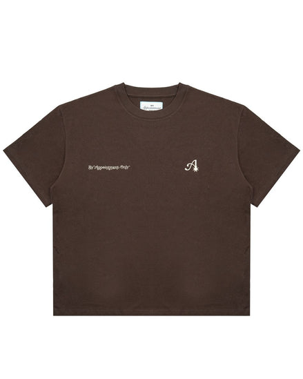 Brown t-shirt with a logo and text on a white background