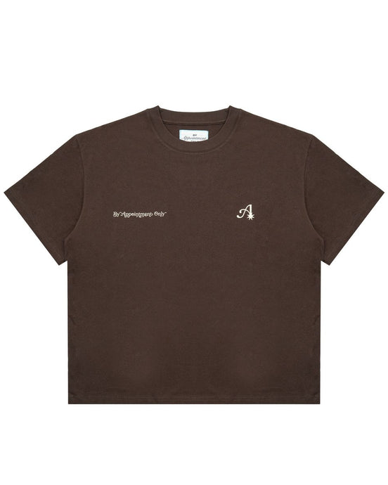 Brown t-shirt with a logo and text on a white background