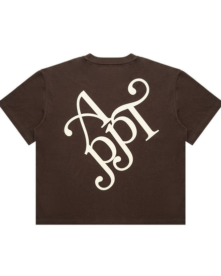 Brown t-shirt with a white monogram on a white background