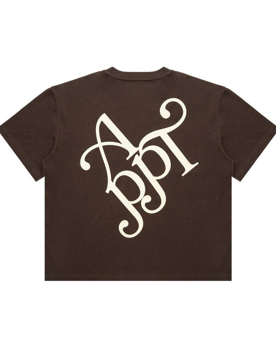 Brown t-shirt with a white monogram on a white background