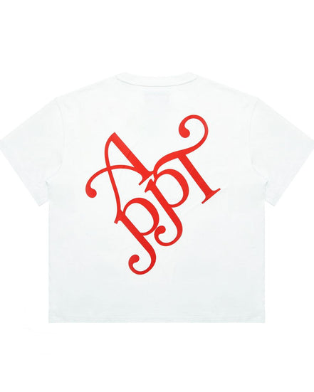 White t-shirt with red monogram on a white background