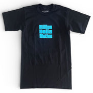 Black t-shirt with blue text on a white background