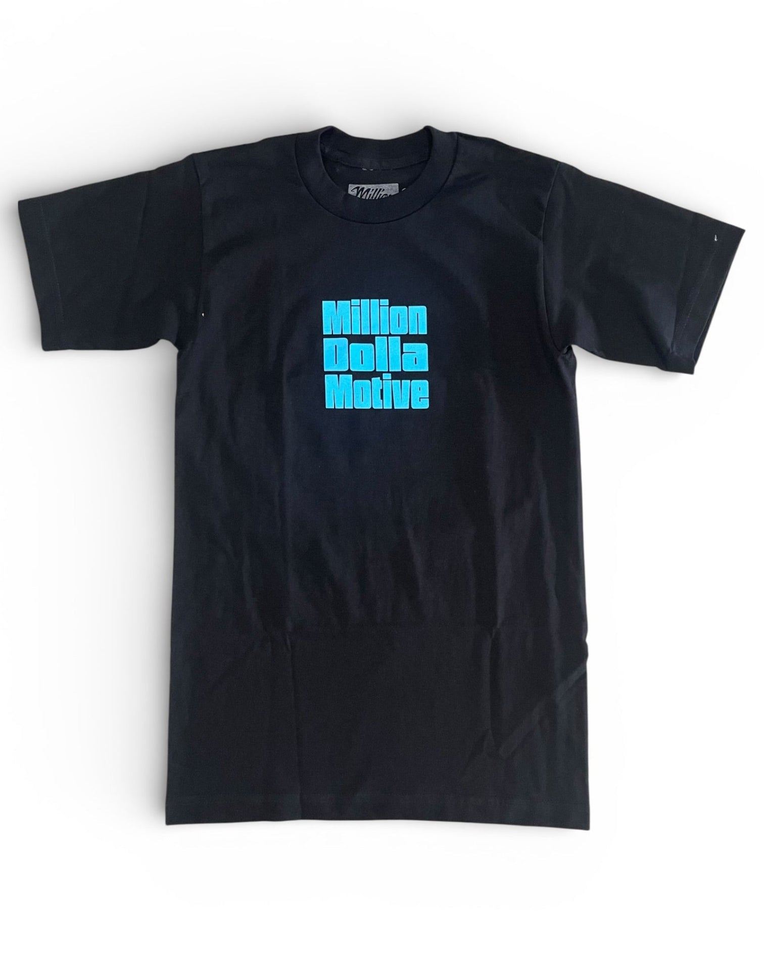 Black t-shirt with blue text on a white background