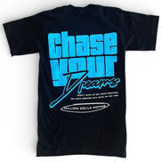 Black t-shirt with blue and white text on a white background