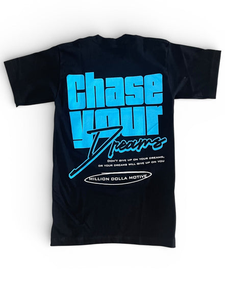 Black t-shirt with blue and white text on a white background