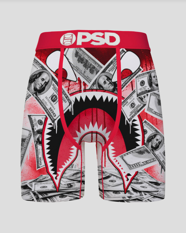 Boxer briefs with a shark mouth design and money pattern on a gray background
