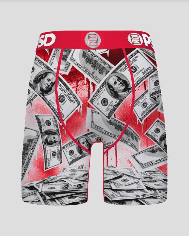 Red boxer briefs with money design on a white background
