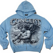 A light blue zip-up hoodie featuring a large graphic print of a cherub and the word 'CONCEPT' in a textured, stone-like font on the front, displayed against a plain white background.