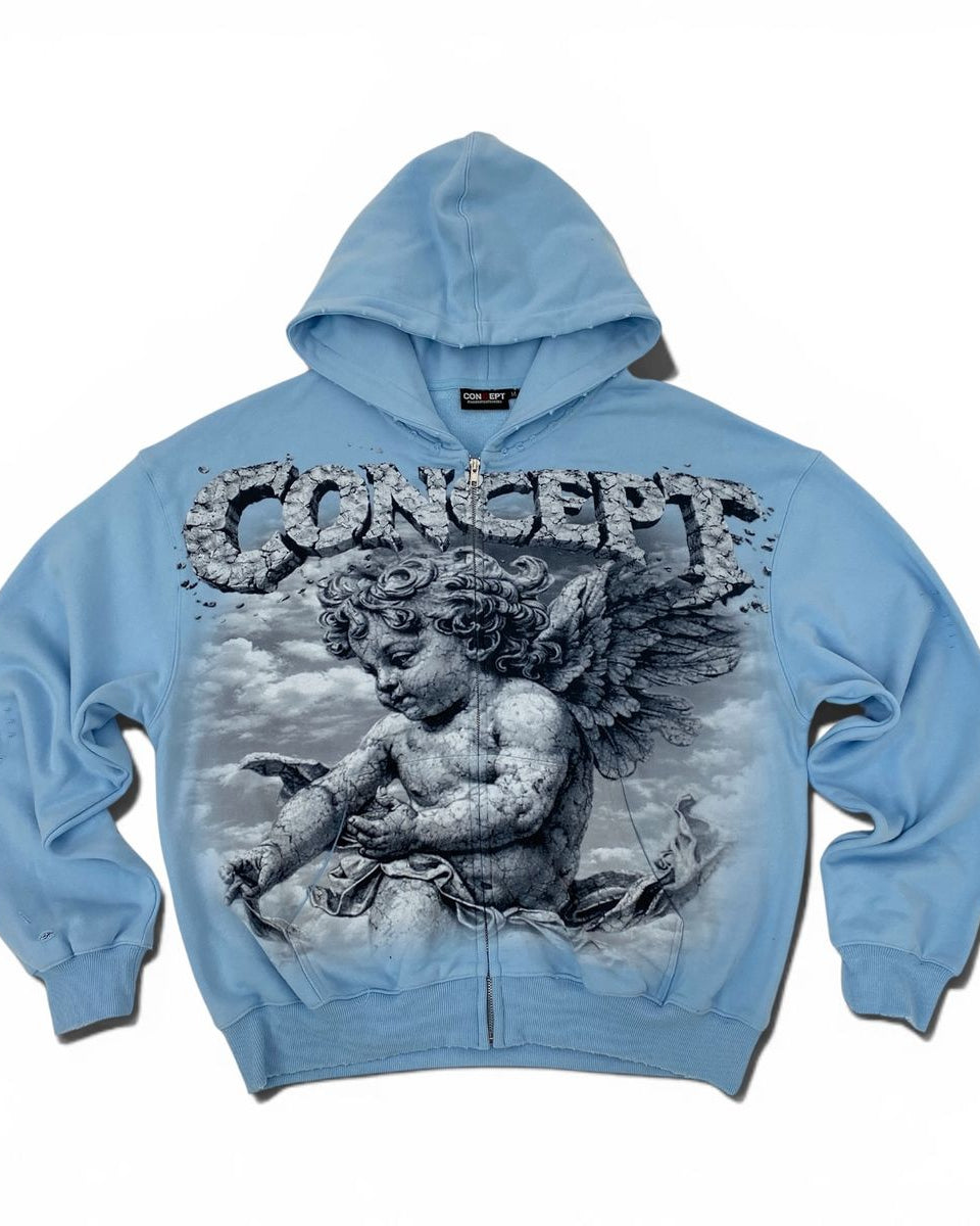 A light blue zip-up hoodie featuring a large graphic print of a cherub and the word 'CONCEPT' in a textured, stone-like font on the front, displayed against a plain white background.