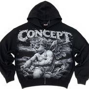 A black zip-up hoodie featuring a large white and gray graphic print of a cherub with the word 'CONCEPT' in distressed lettering across the chest, shown against a plain white background.
