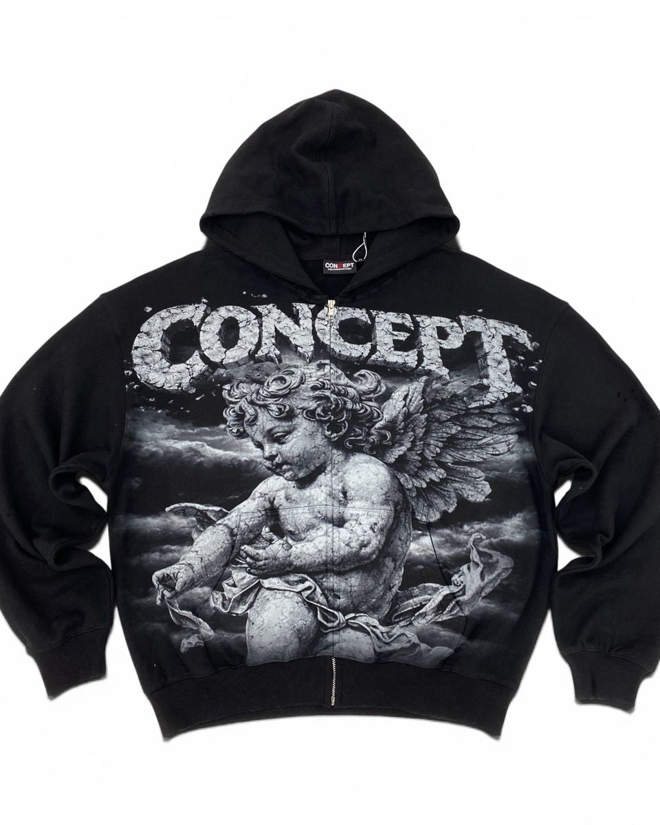 A black zip-up hoodie featuring a large white and gray graphic print of a cherub with the word 'CONCEPT' in distressed lettering across the chest, shown against a plain white background.