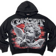 A black Concept band zip-up hoodie featuring a large graphic print of a stone angel with wings and the band logo 'CONCEPT' in metallic silver lettering across the chest.