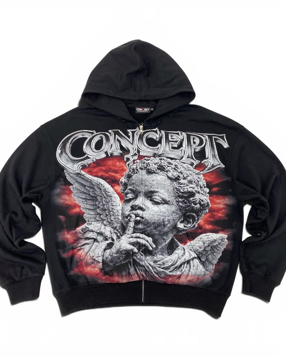 A black Concept band zip-up hoodie featuring a large graphic print of a stone angel with wings and the band logo 'CONCEPT' in metallic silver lettering across the chest.