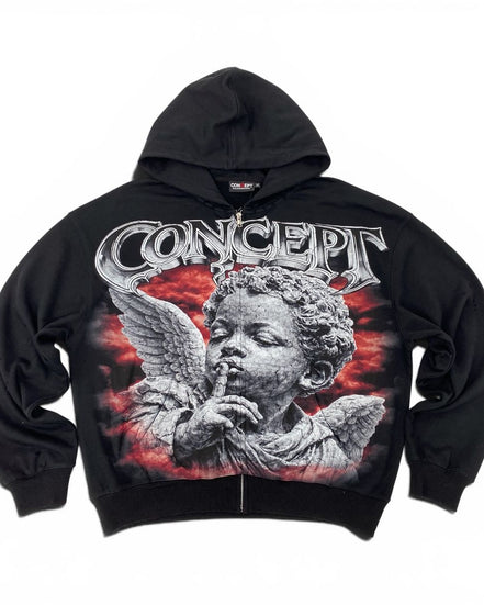 A black Concept band zip-up hoodie featuring a large graphic print of a stone angel with wings and the band logo 'CONCEPT' in metallic silver lettering across the chest.