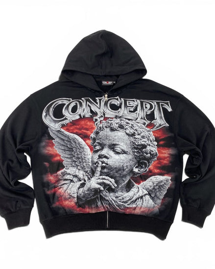 A black Concept band zip-up hoodie featuring a large graphic print of a stone angel with wings and the band logo 'CONCEPT' in metallic silver lettering across the chest.