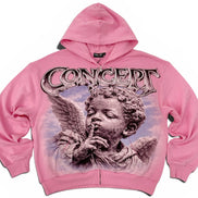 Pink hoodie with angel graphic and 'Concept' branding on a white background