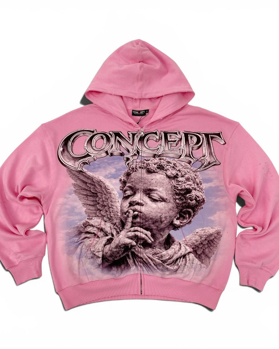 Pink hoodie with angel graphic and 'Concept' branding on a white background