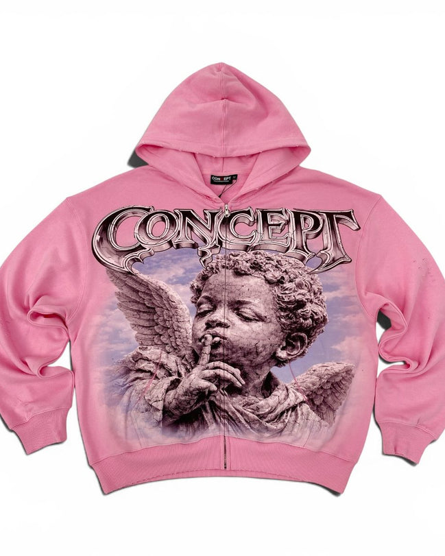Pink hoodie with angel graphic and 'Concept' branding on a white background