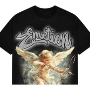 Black t-shirt with an angel graphic and 'Emotion' text on a white background