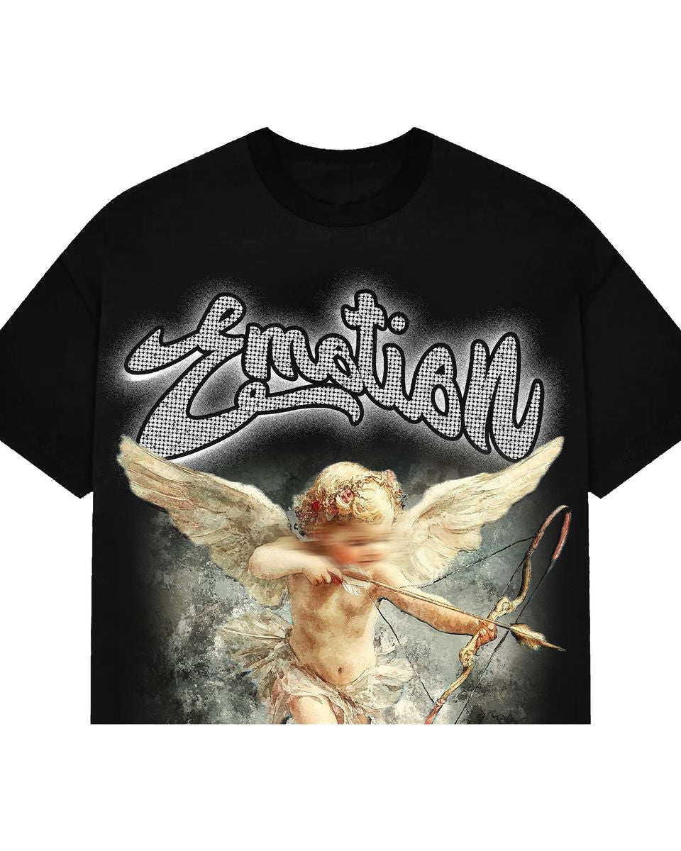 Black t-shirt with an angel graphic and 'Emotion' text on a white background