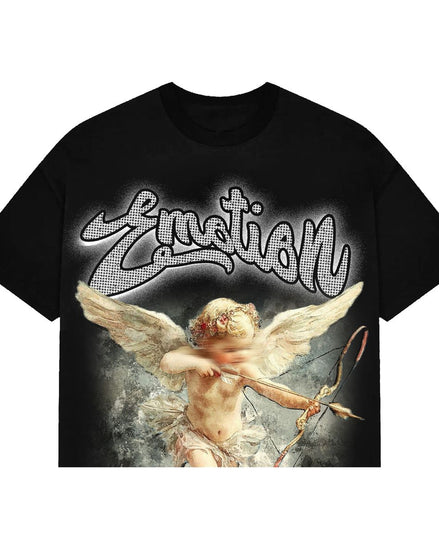 Black t-shirt with an angel graphic and 'Emotion' text on a white background