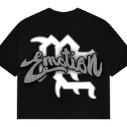 Black t-shirt with white graphic design on a white background