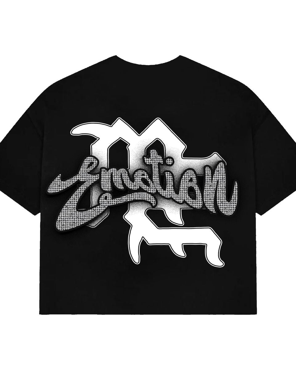 Black t-shirt with white graphic design on a white background