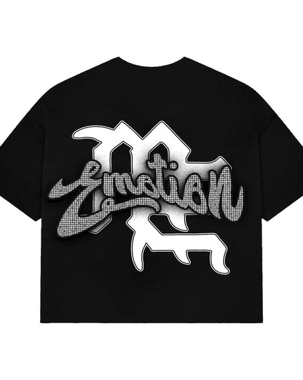 Black t-shirt with white graphic design on a white background