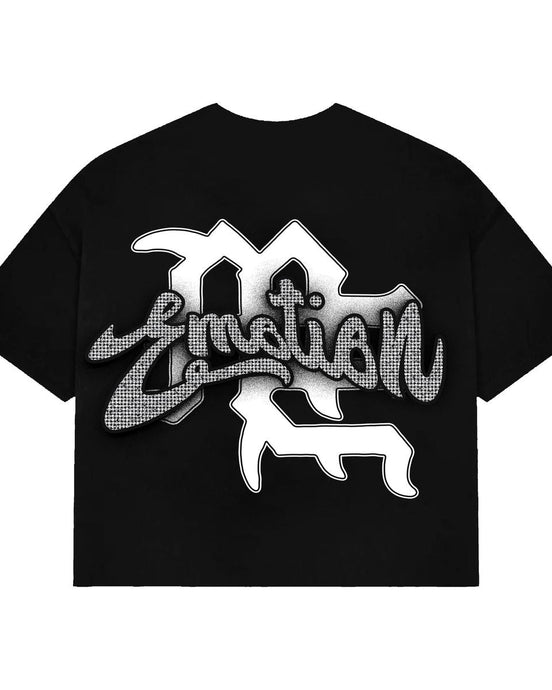 Black t-shirt with white graphic design on a white background