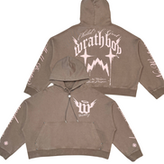 Brown hoodie with white graphics and text on a white background