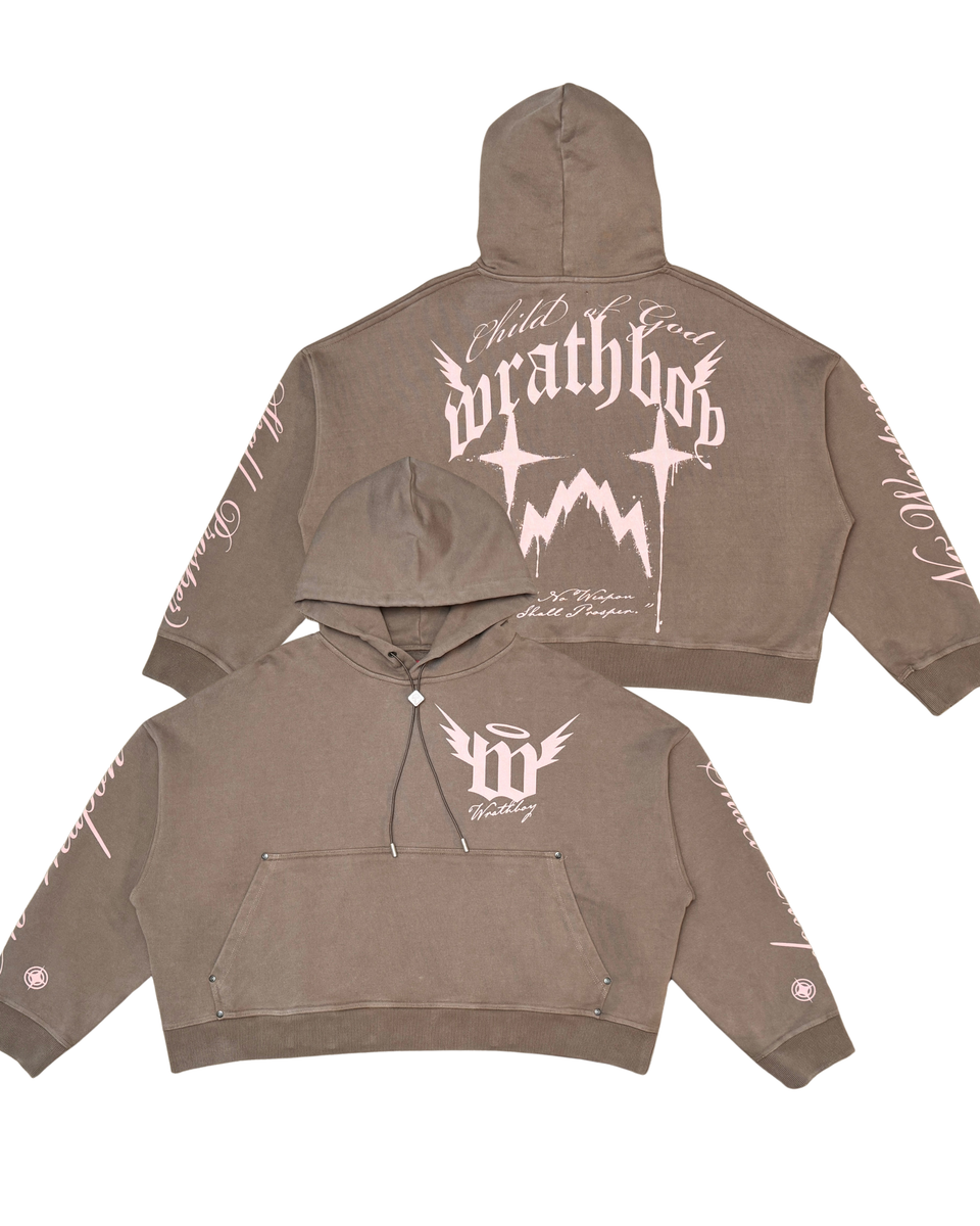 Brown hoodie with white graphics and text on a white background