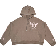Brown hoodie with a logo on a white background