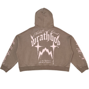 Brown hoodie with white graphic design on a white background