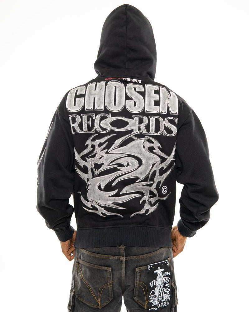 Black hoodie with 'Chosen Records' branding on the back, worn by a person.