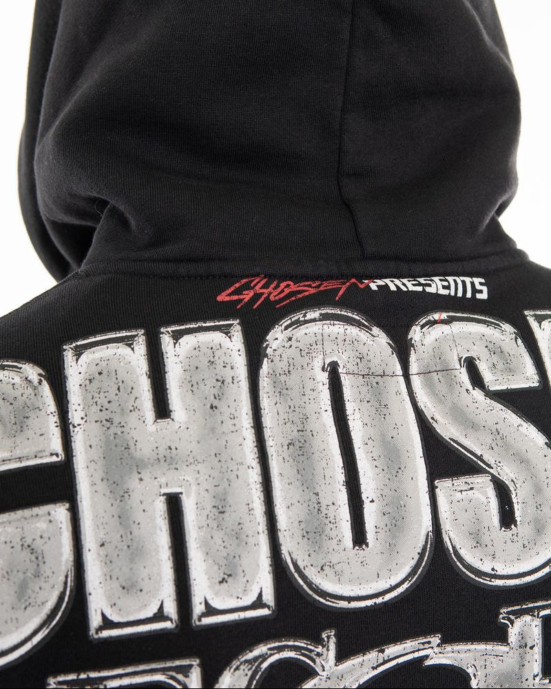Black hoodie with 'GHOST' branding on a white background