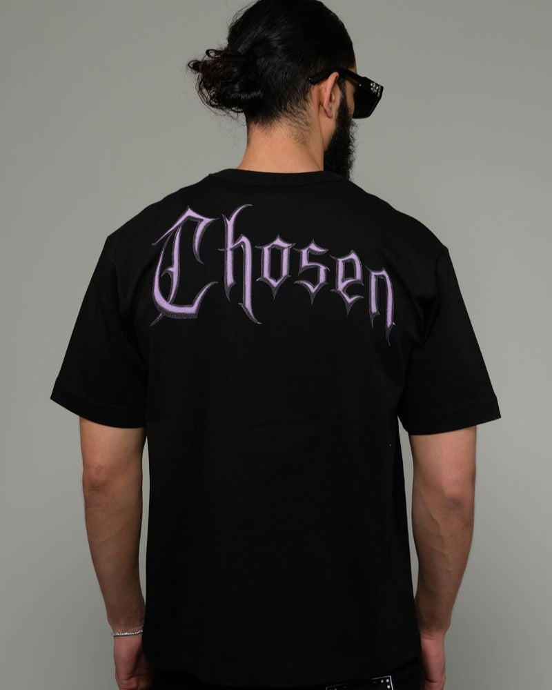Black Chosen for Greatness Tee with purple sculpture graphic and bold Chosen gothic lettering on back