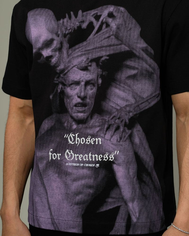 Black Chosen for Greatness Tee with purple sculpture graphic and bold Chosen gothic lettering on back