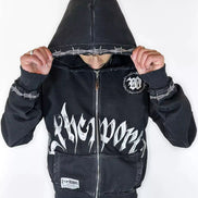 Black hoodie with white text and designs on a white background