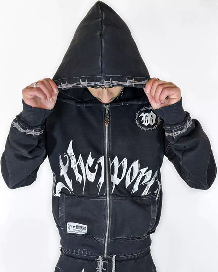 Black hoodie with white text and designs on a white background