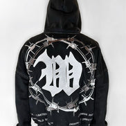 Black hoodie with a white logo and barbed wire design on the back against a white background