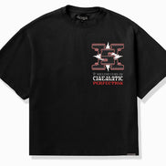 Black t-shirt with graphic design on a white background