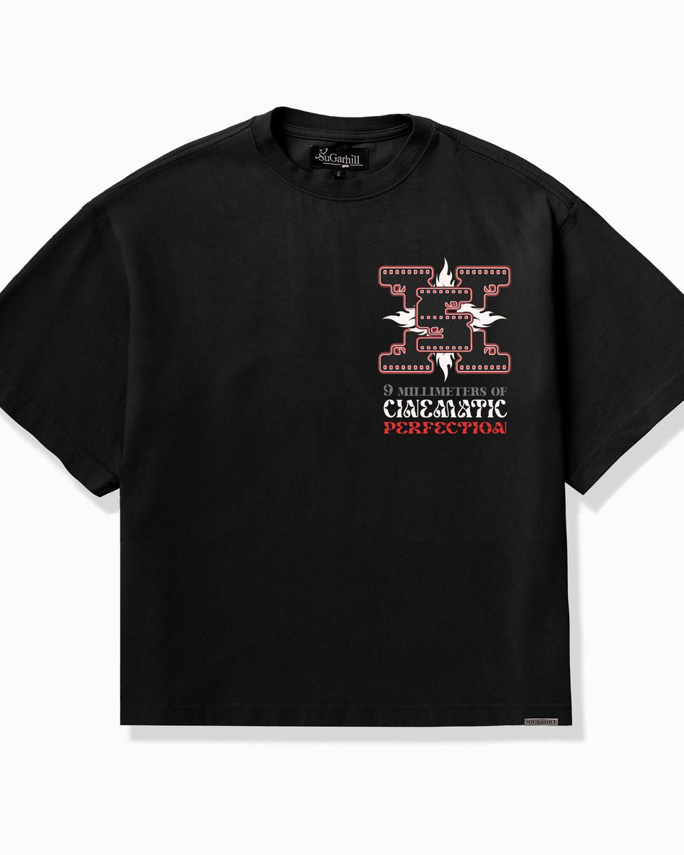Black t-shirt with graphic design on a white background