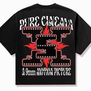 Black t-shirt with red and white graphic design on the back
