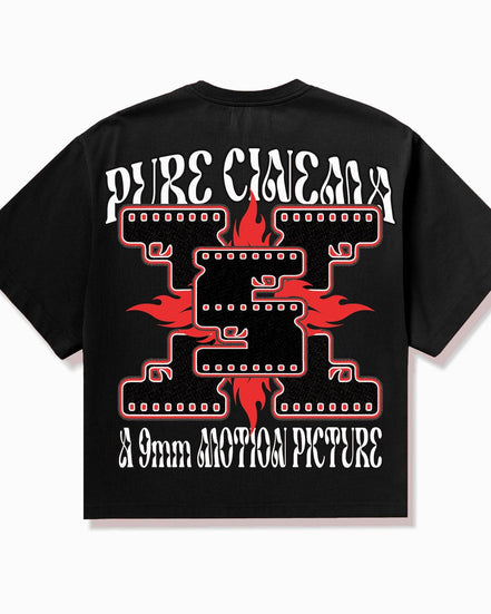Black t-shirt with red and white graphic design on the back