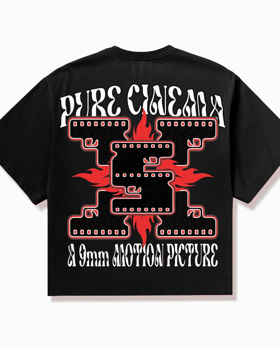 Black t-shirt with red and white graphic design on the back