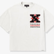 White t-shirt with graphic design and text on a white background