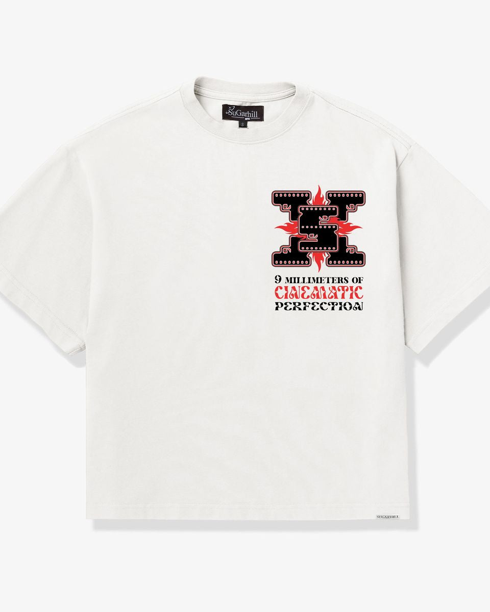 White t-shirt with graphic design and text on a white background