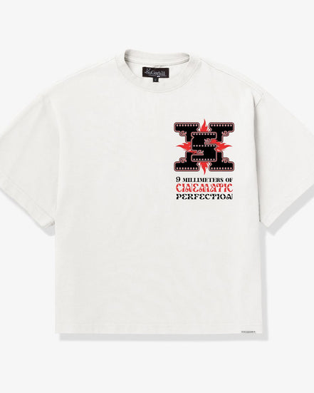White t-shirt with graphic design and text on a white background