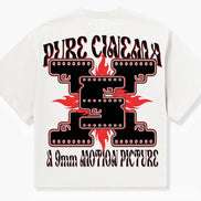 White t-shirt with red and black graphic design on a white background