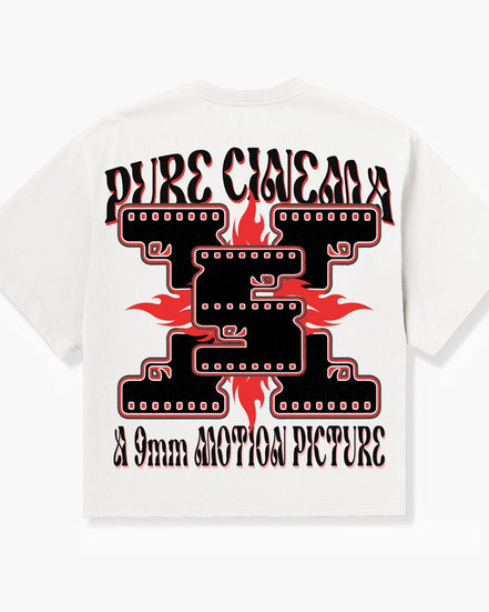 White t-shirt with red and black graphic design on a white background